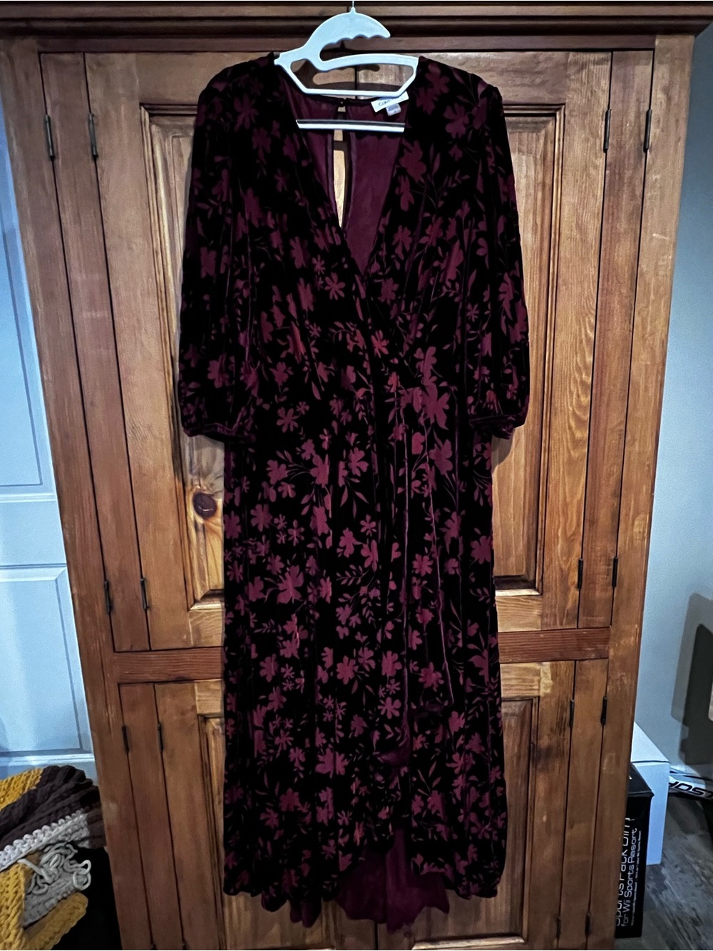 Calvin Klein Burgundy Floral Velvet Maxi Wrap Dress